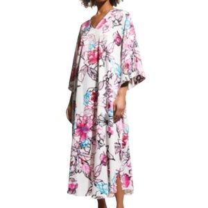 Natori Floral Kimono Caftan Lounge Dress White Pink Size S NWT